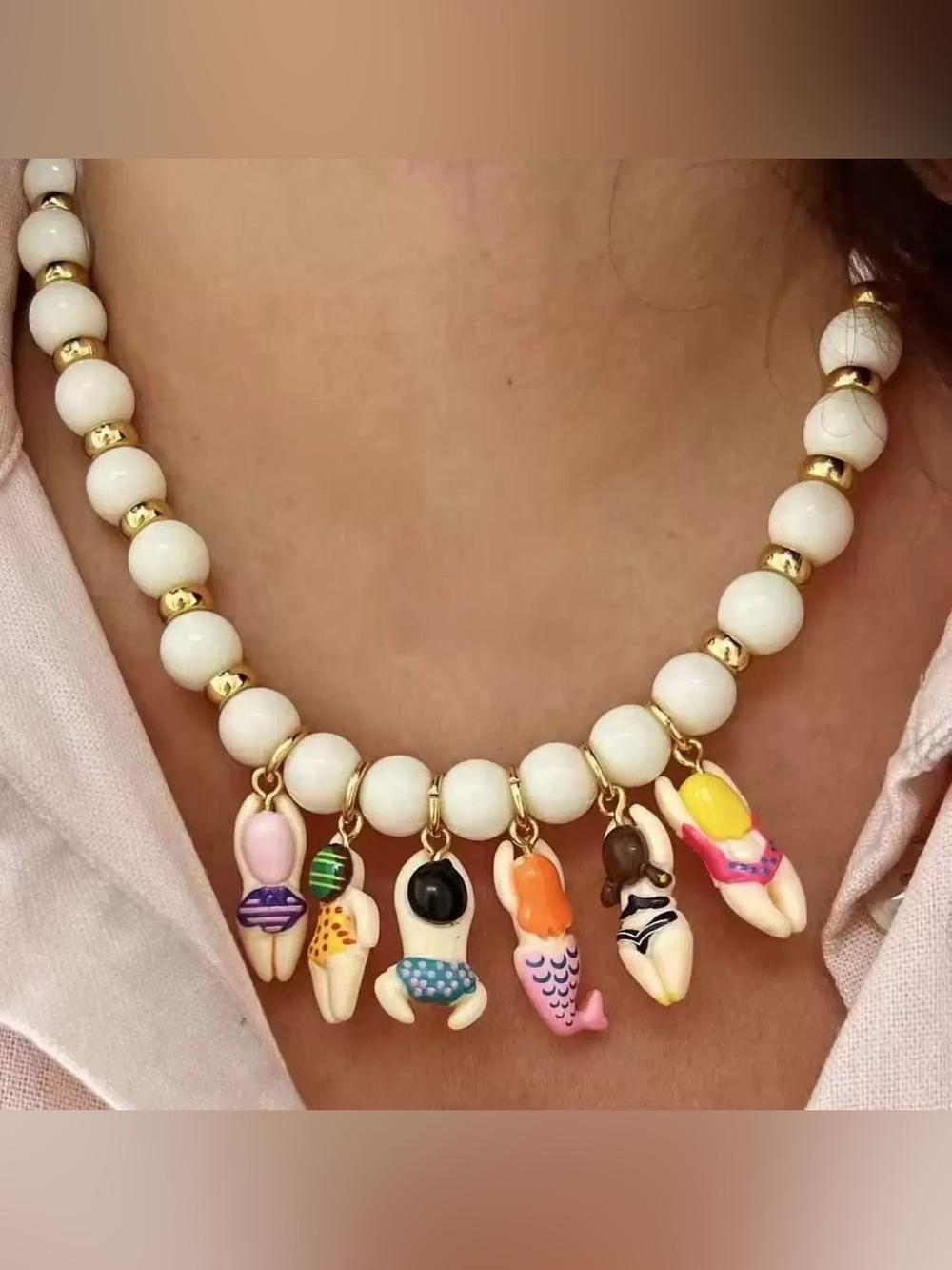 Summer Beach Babes Charm Necklace – Stainless Steel Gold Tone